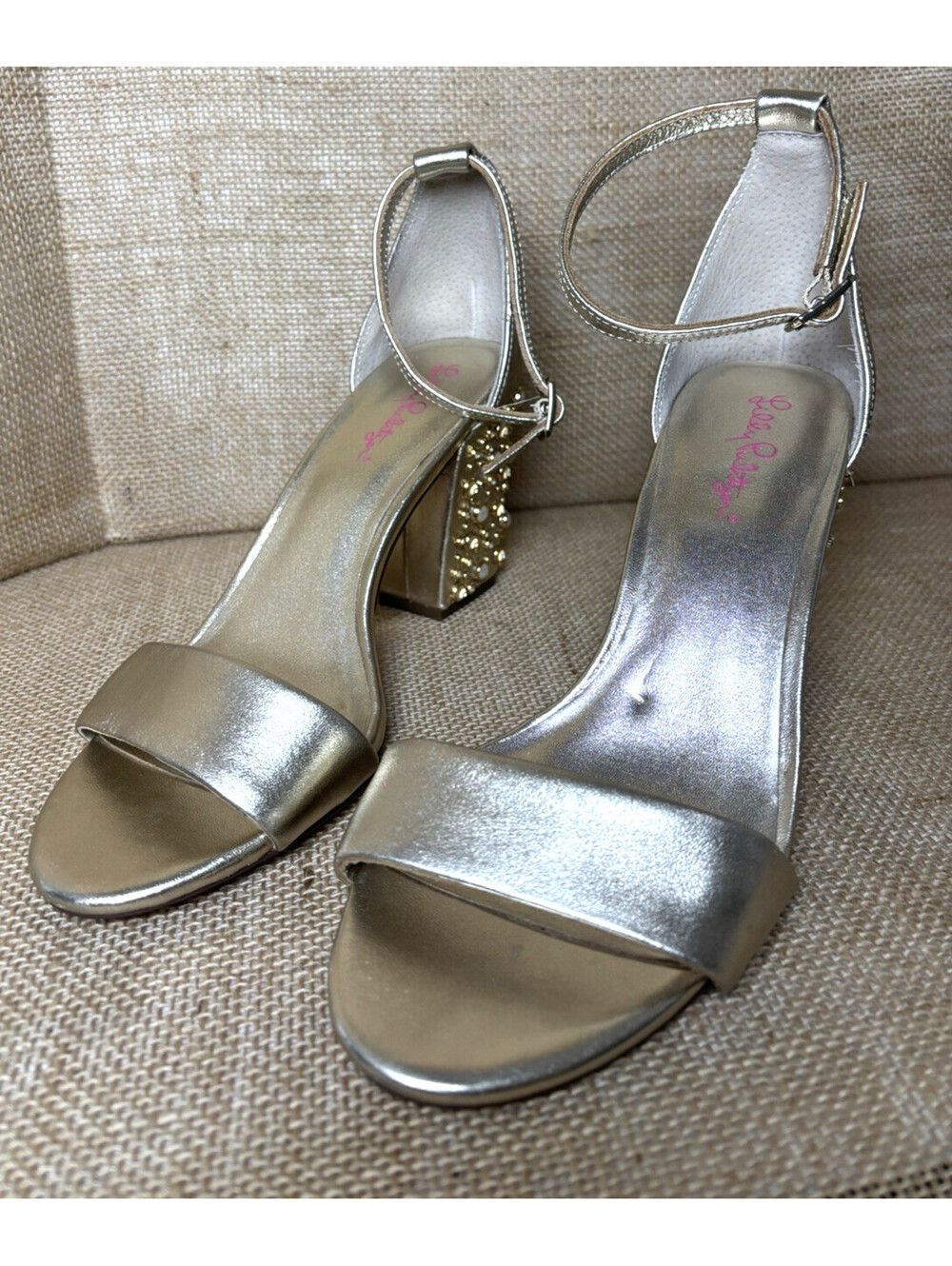 Lilly Pulitzer Pearl Crystal Gold Metallic Block Heel Sandals 9.5